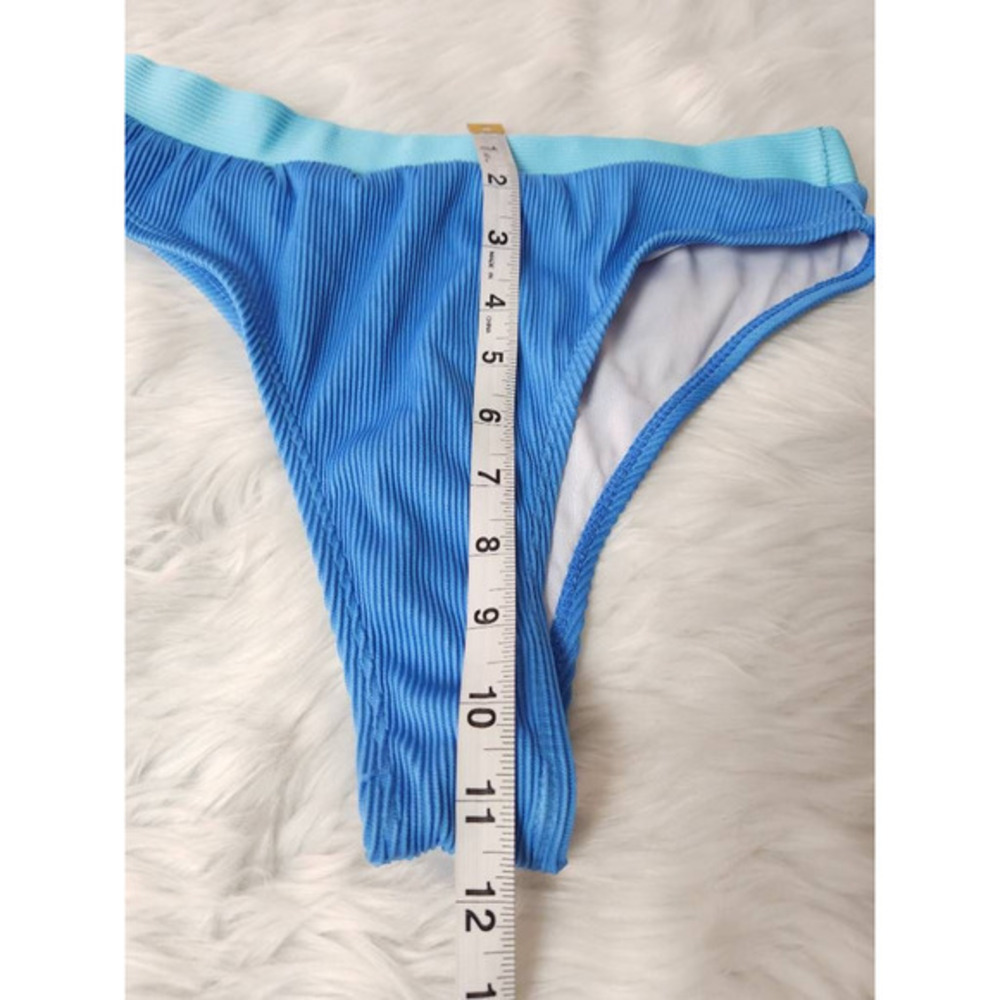 Shein Womens Bikini Swimsuit Blue Turquoise Color Block Retro High Cut Ribbed L - Picture 5 of 7